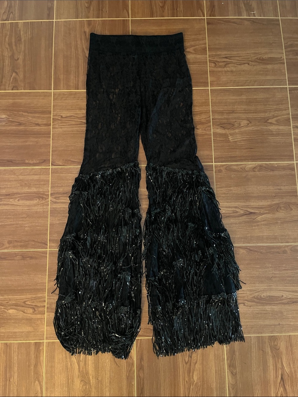 Little Black Diamond Black Lace Flare Pants with Sequin Fringe Pants